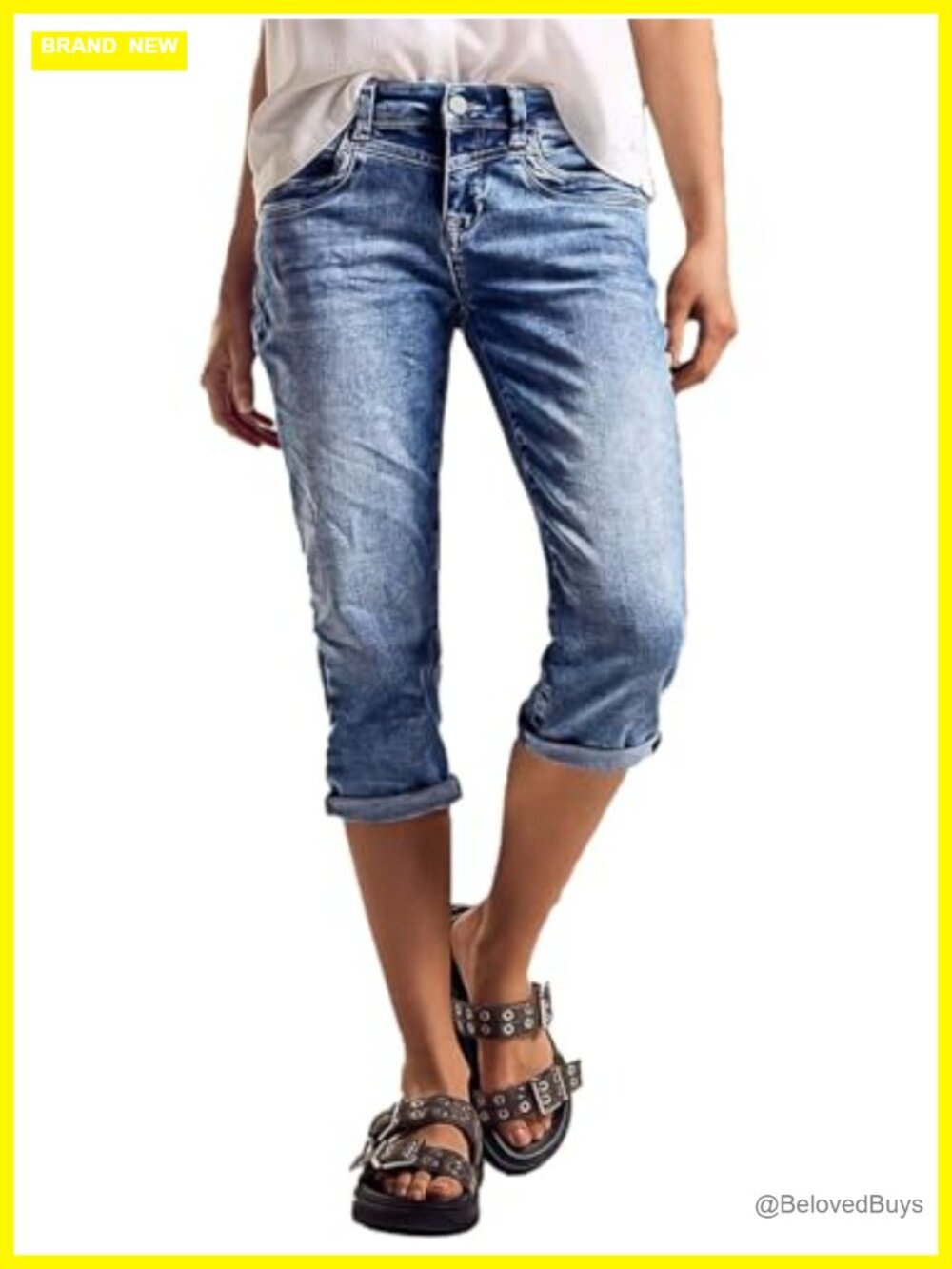 High Rise Capri Jeans Straight Leg Roll Hem Stretchy Denim